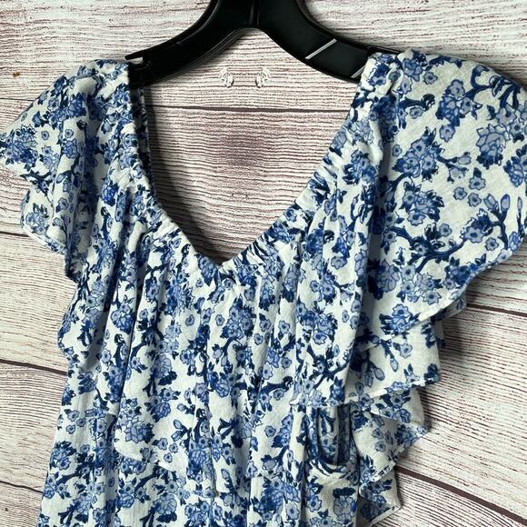 Rebecca Taylor Aimee Off Shoulder Blue & White Cotton Floral Top Size 4 - Picture 9 of 11